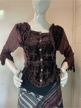 Vintage Women's Dark Brown Button-Front Embroidered Blouse